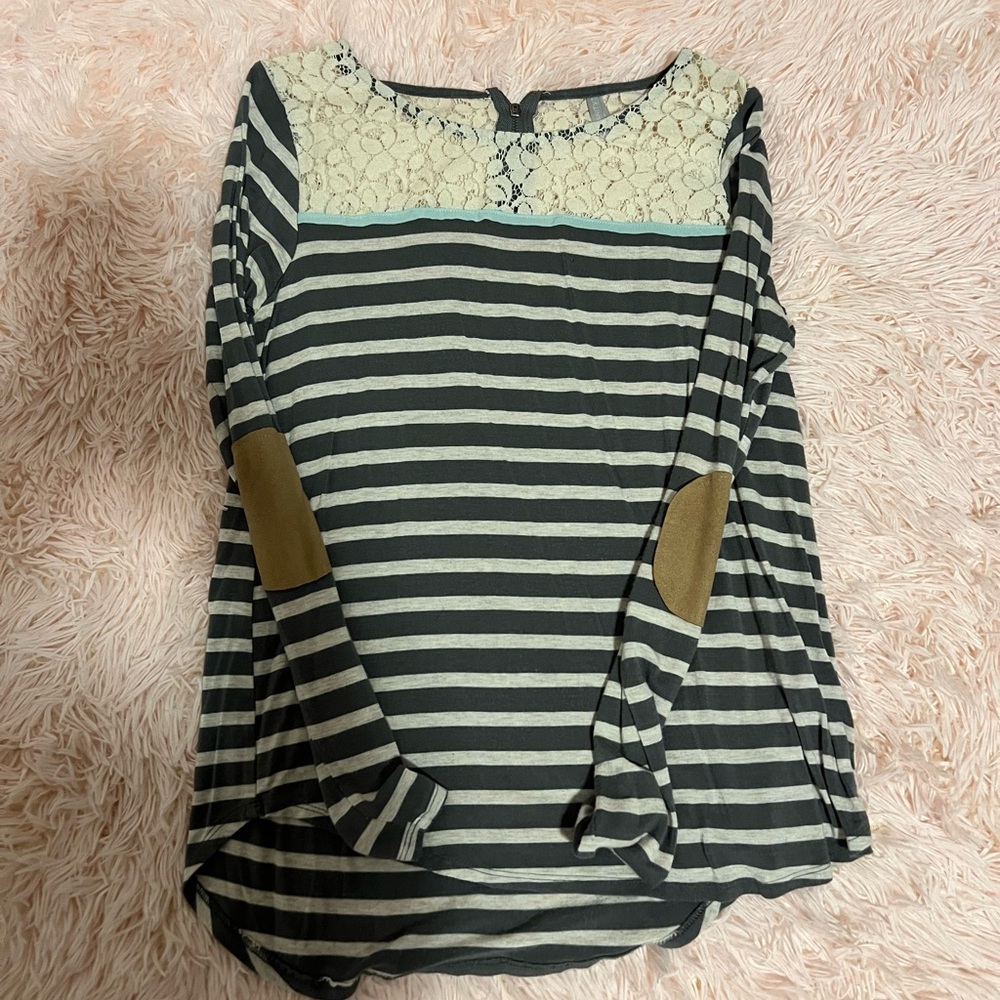 Vanity Blue and White Blouse with Lace and Elbow Patches